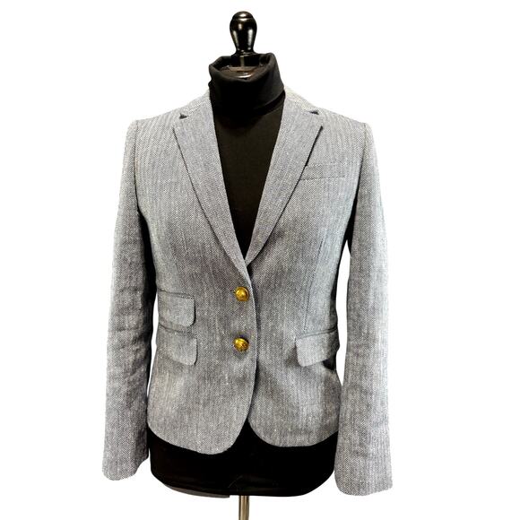 J. Crew Dalton Blazer Italian Linen Navy White Herring Bone Brass buttons Sz 2 - Picture 1 of 14